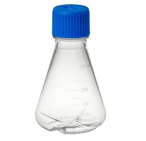 [GEN - TRIB-250-BB] tri bio 250ml polycarbonate erlenmeyer flask with baffled bottom and 2 micron vented cap for growing cultures rnase and dnase free sterile individually wrapped