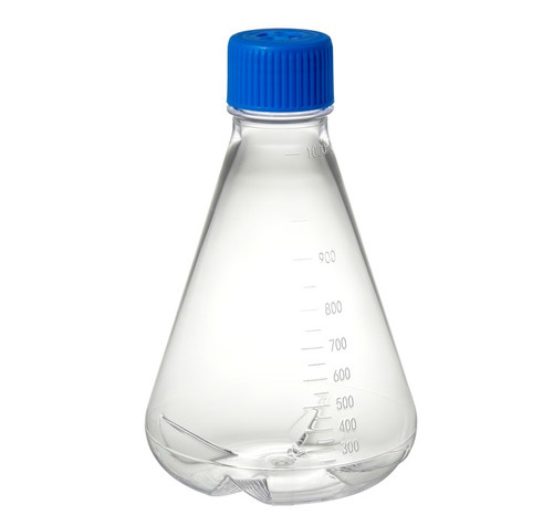 [GEN - TRIB-1000-BB] tri bio 1000ml polycarbonate erlenmeyer flask with baffled bottom and 2 micron vented cap for growing cultures rnase and dnase free sterile individually wrapped 