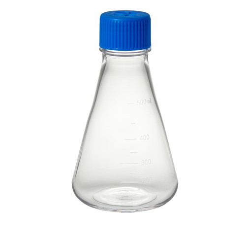 [GEN - TRIB-500-FB] tri bio 500ml petg erlenmeyer flask with flat bottom and 2 micron vented cap for growing cultures rnase and dnase free sterile individually wrapped 