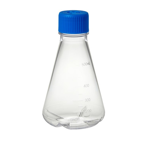 [GEN - TRIB-500-BB] tri bio 500ml polycarbonate erlenmeyer flask with baffled bottom and 2 micron vented cap for growing cultures rnase and dnase free sterile individually wrapped 