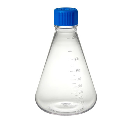 [GEN - TRIB-1000-FB] tri bio 1000ml petg erlenmeyer flask with flat bottom and 2 micron vented cap for growing cultures rnase and dnase free sterile individually wrapped