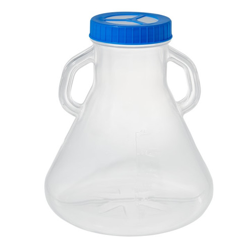 [GEN - TRIB-5L] tri bio 5l co polymer erlenmeyer shaker flask with 0 2 micron vented cap for gas exchanges rnase and dnase free sterile individually wrapped blue caps 